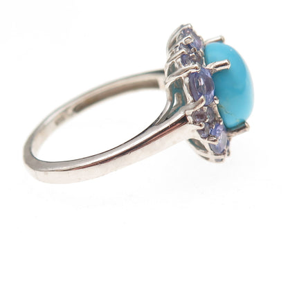 Chuck Clemency 925 Sterling Silver Real Turquoise & Tanzanite Floral Ring Size 8