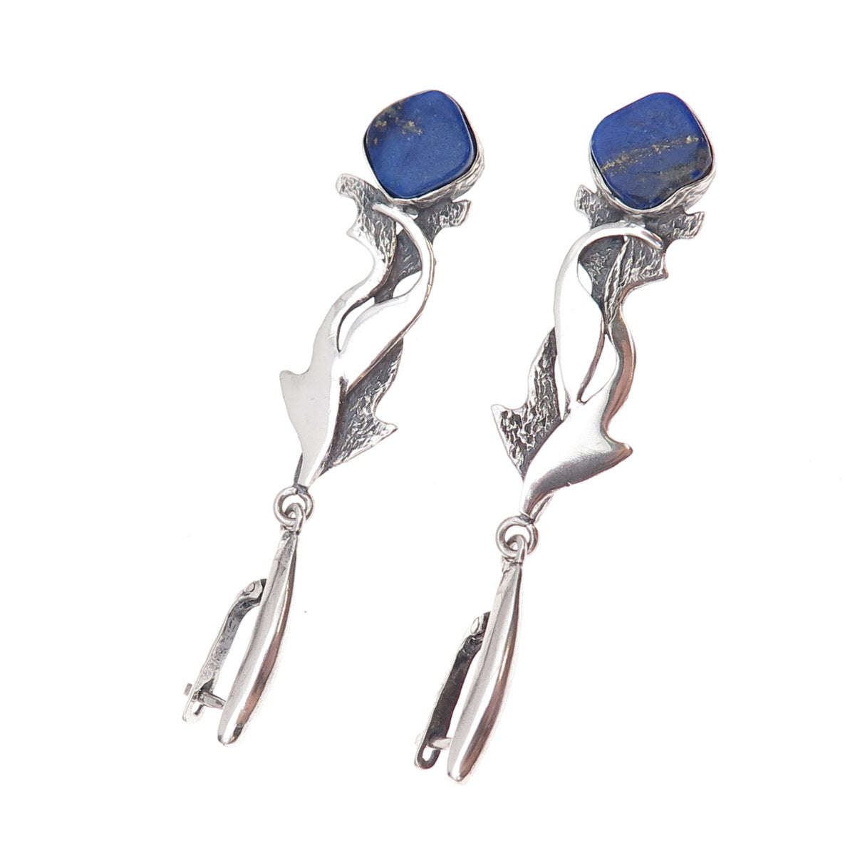 925 Sterling Silver Vintage Poland Real Lapis Modernist Oxidized Dangle Earrings