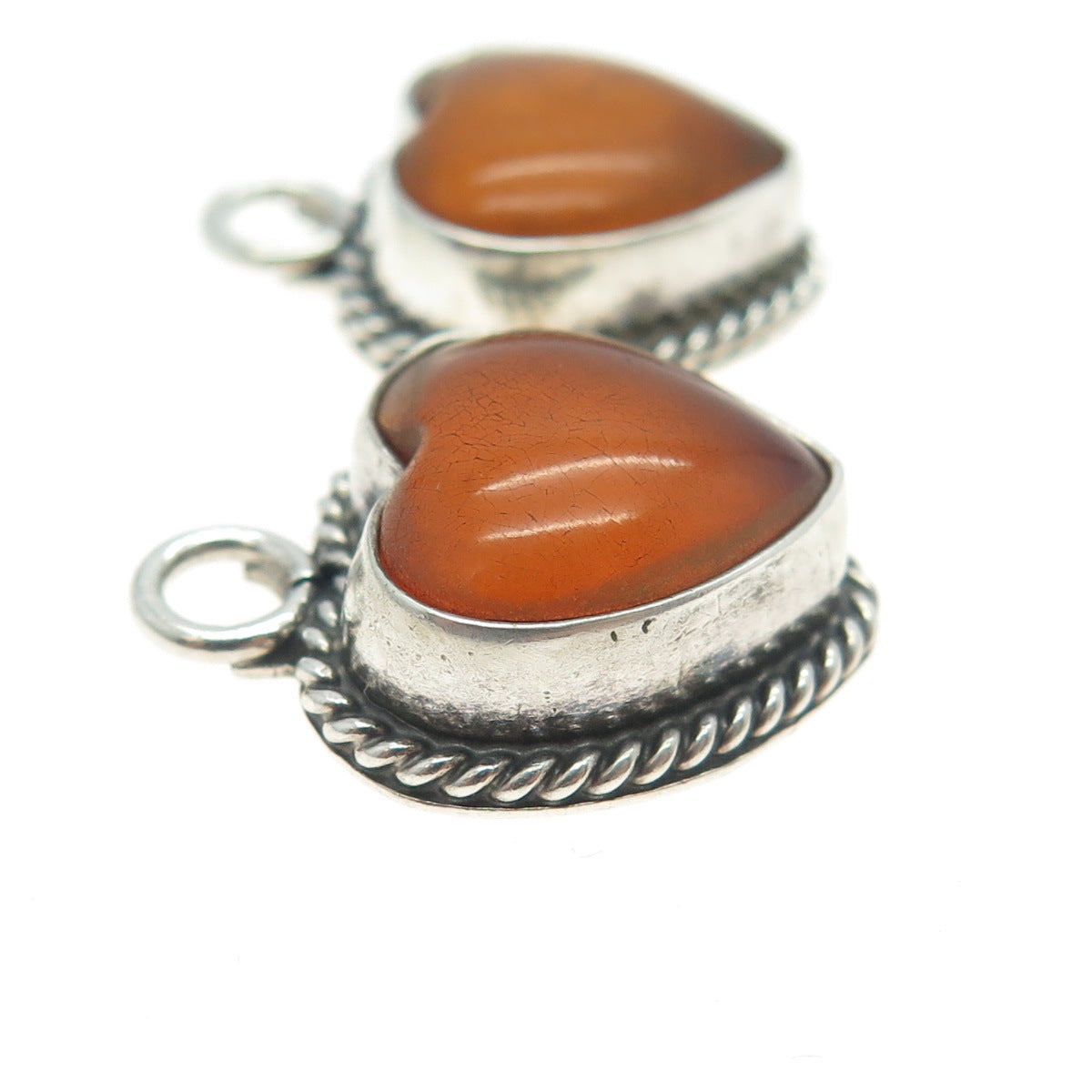 925 Sterling Silver Vintage Real Fire Amber Heart Jacket Earrings