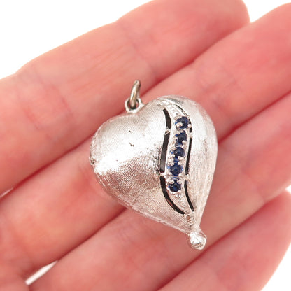 925 Sterling Silver Vintage Red & Blue Rhinestone Heart Puffy Oxidized Pendant