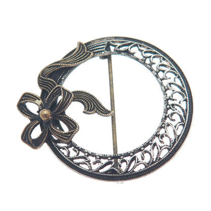 925 Sterling Silver 2-Tone Antique Art Deco Flower Bow Filigree Pin Brooch