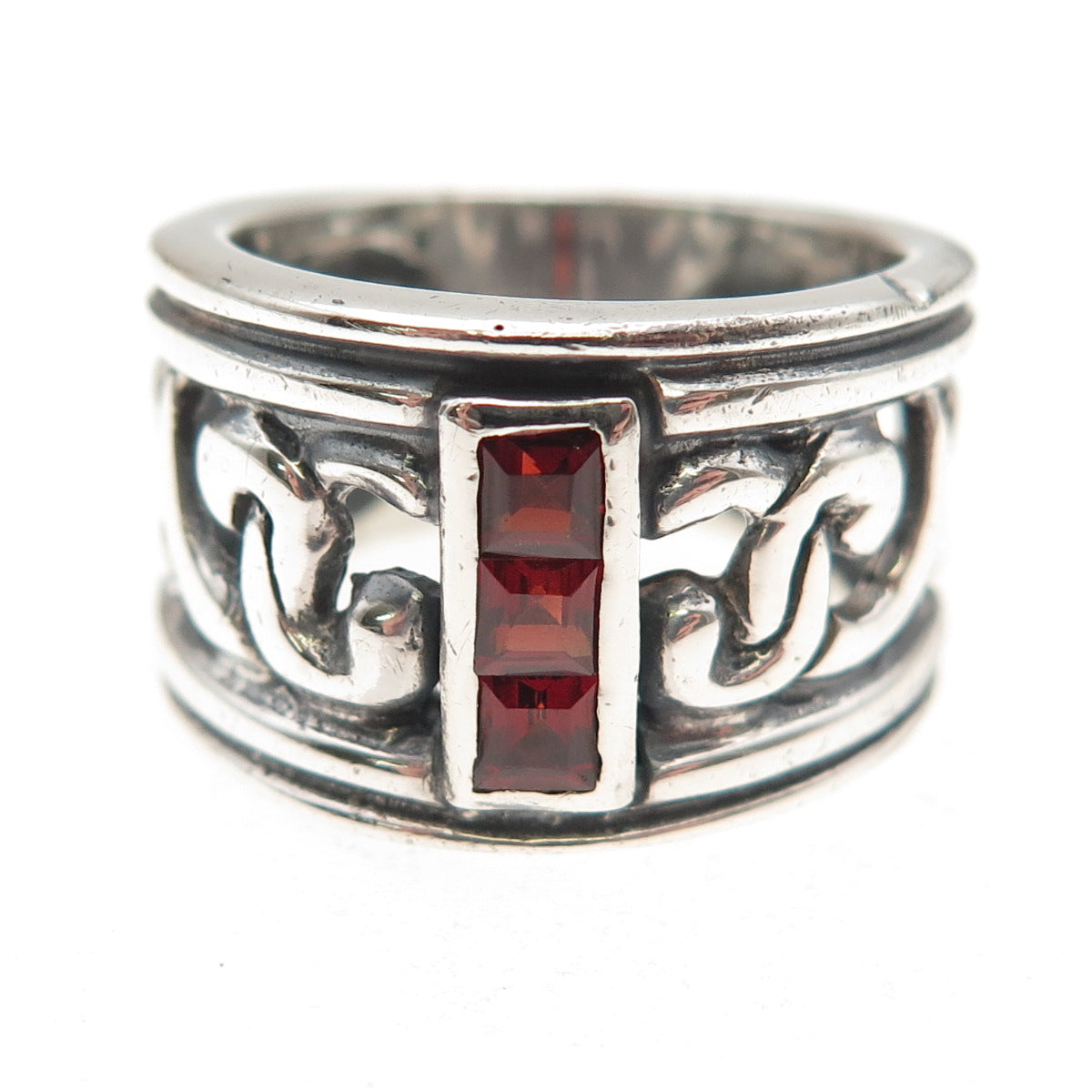 925 Sterling Silver Vintage Italy Real Red Garnet Modernist Oxidized Ring Size 8