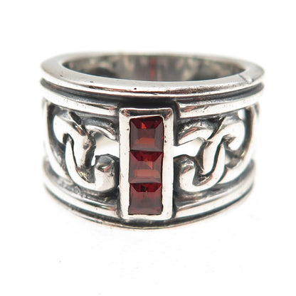925 Sterling Silver Vintage Italy Real Red Garnet Modernist Oxidized Ring Size 8