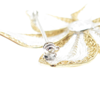 ASJ MAURITIUS 925 Sterling Silver 2-Tone Vintage Filigree Floral Pin Brooch