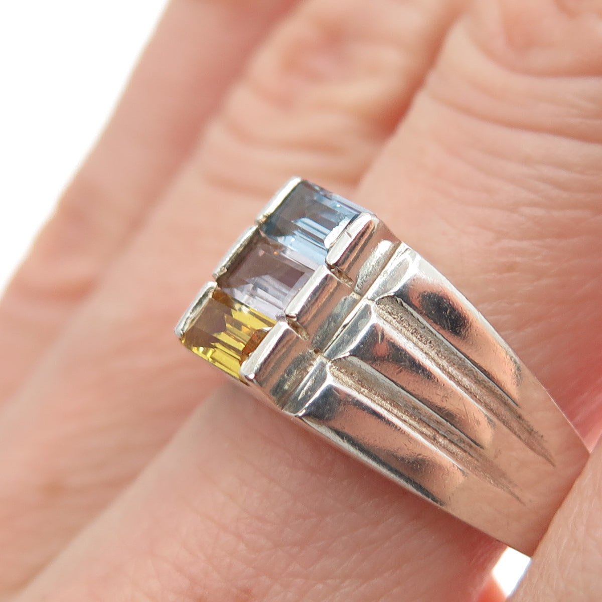925 Sterling Silver Vintage Real Blue & White Topaz Citrine Ring Size 8