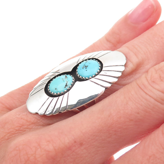 Old Pawn 925 Sterling Silver Vintage Turquoise Shadow Box Tribal Ring Size 5