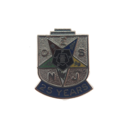 925 Sterling Silver Antique Colorful Enamel "25 Years" Masonic Star Award Brooch
