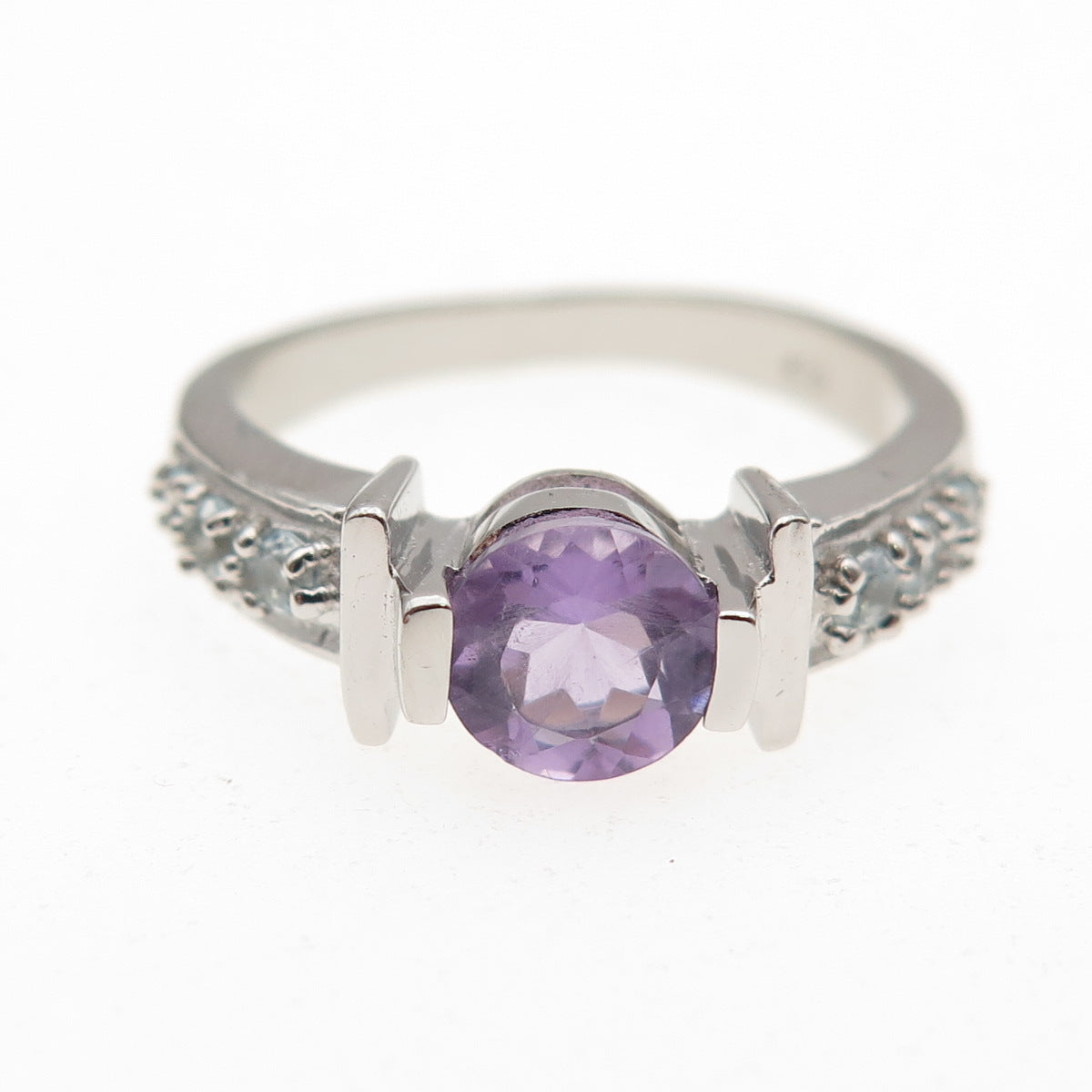 925 Sterling Silver Real Round-Cut Amethyst & Blue Topaz Ring Size 7.25