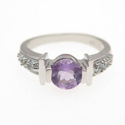 925 Sterling Silver Real Round-Cut Amethyst & Blue Topaz Ring Size 7.25