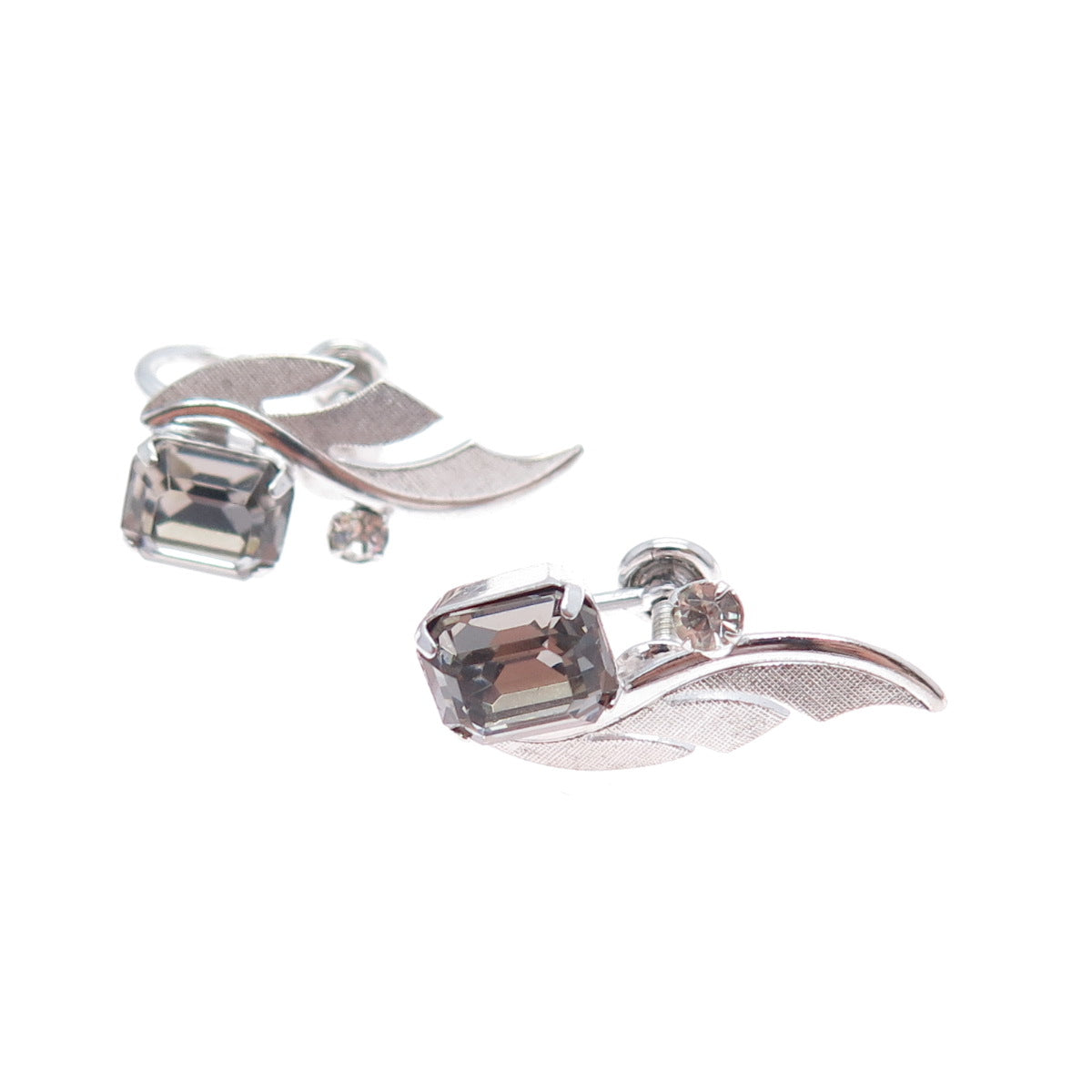 VAN DELL Sterling Silver Antique Art Deco Rhinestone Wing Screw Back Earrings