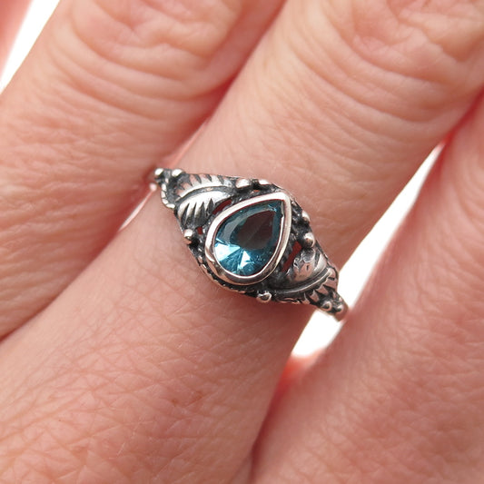 925 Sterling Silver Vintage Blue C Z Floral Leaf Oxidized Ring Size 7.25