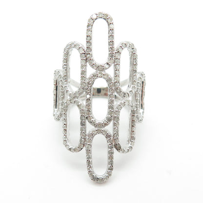 925 Sterling Silver Real Round-Cut Diamond Oval Link Ring Size 7