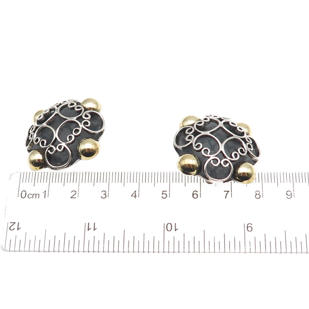 925 Sterling 2-Tone Vintage Mexico Floral Ornate Oxidized Clip On Earrings