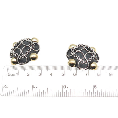 925 Sterling 2-Tone Vintage Mexico Floral Ornate Oxidized Clip On Earrings