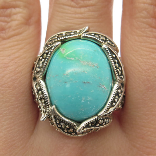 925 Sterling Silver Vintage Real Turquoise & Marcasite Gemstone Ring Size 10