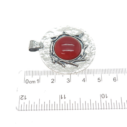 925 Sterling Silver Vintage Israel Real Carnelian Modernist Disc Pendant