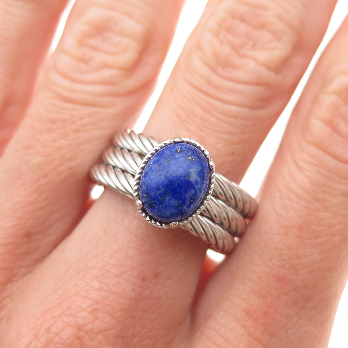 Dasan 925 Sterling Silver Italy Real Lapis 3-Row Ring Size 6.25