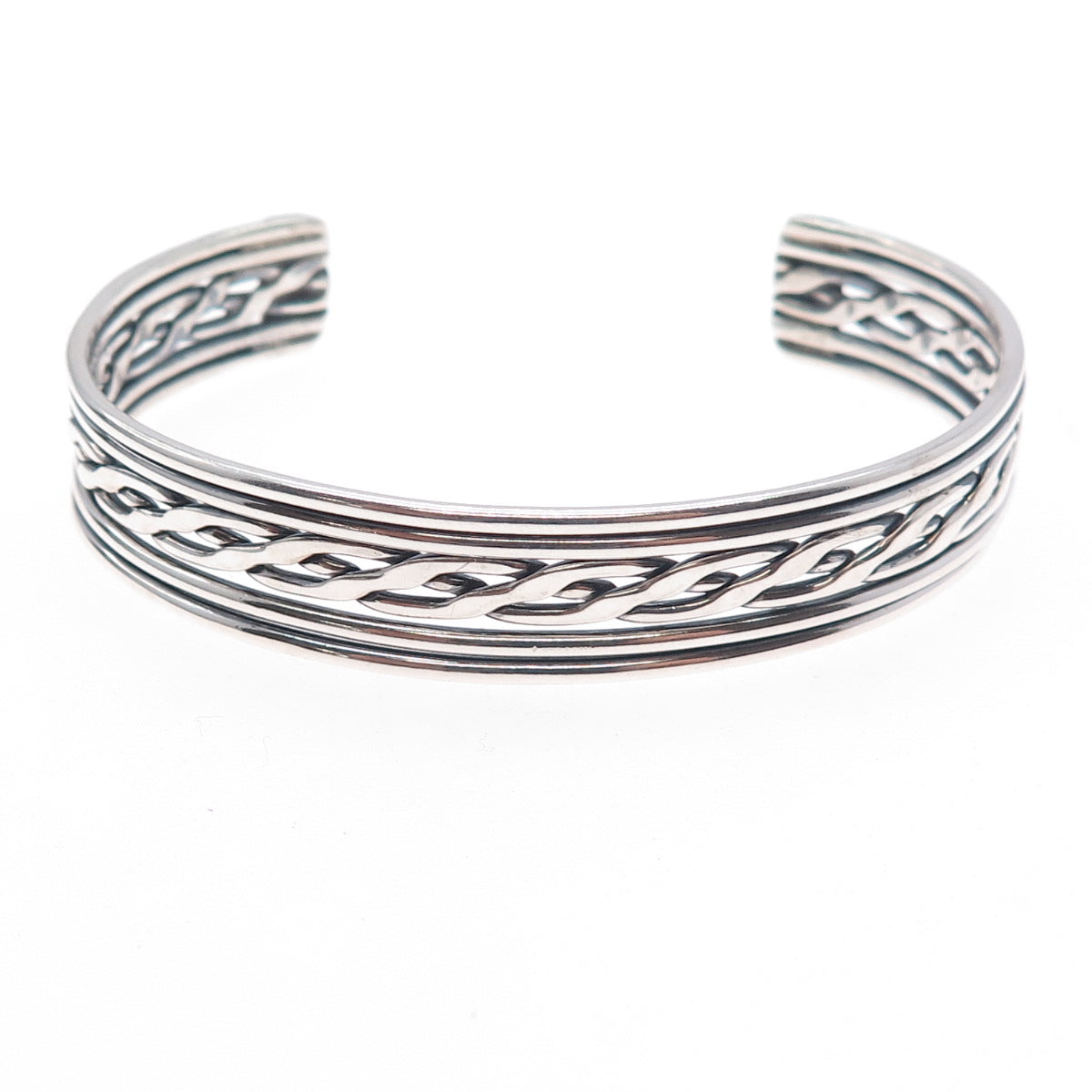 925 Sterling Silver Vintage Oxidized Braided Adjustable Cuff Bracelet 6.5"