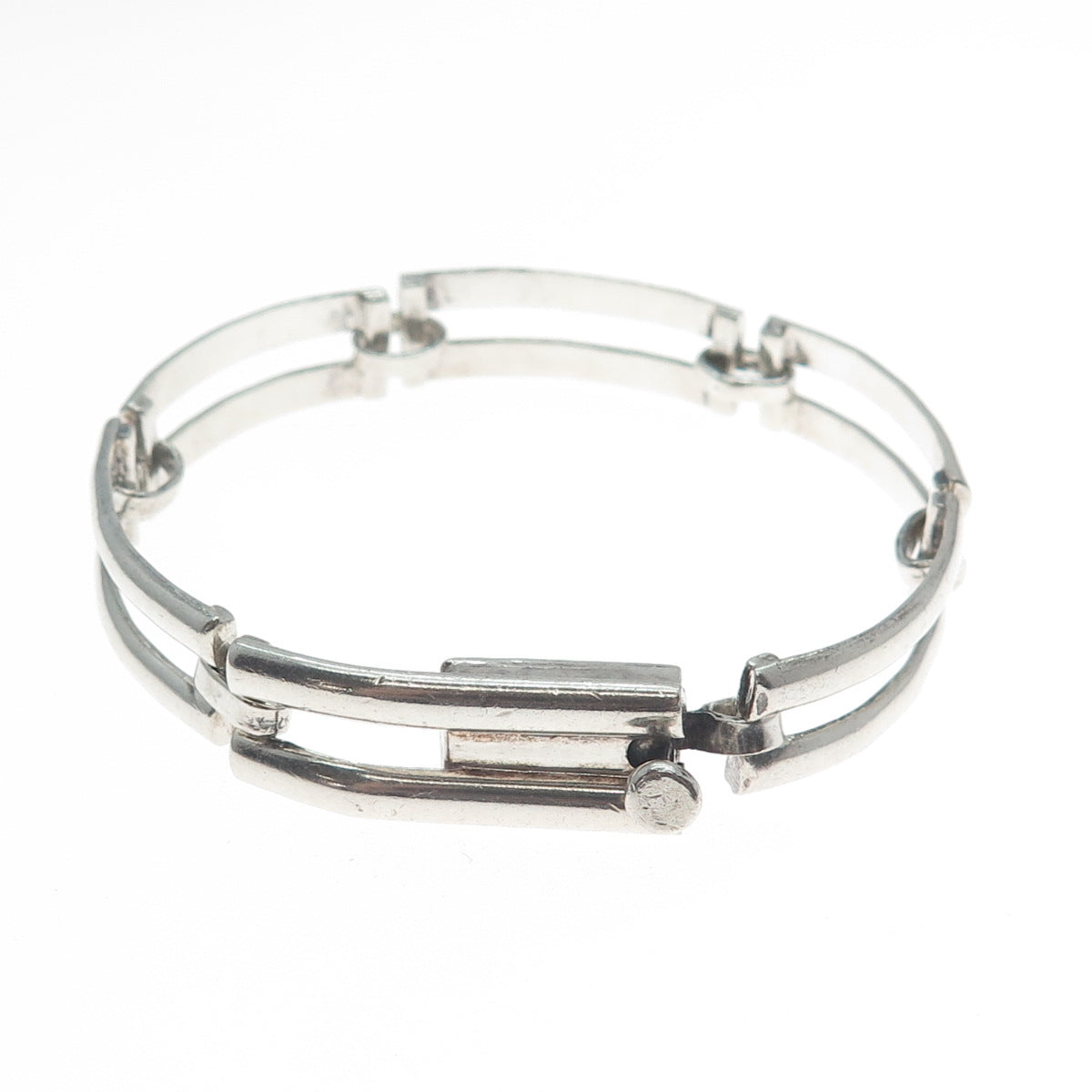 925 Sterling Silver Vintage Mexico Modernist Bar Panel Link Bracelet 7"