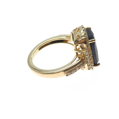 DSMK 925 Sterling Silver Gold Plated Real Diamond & Sapphire Ring Size 7.25