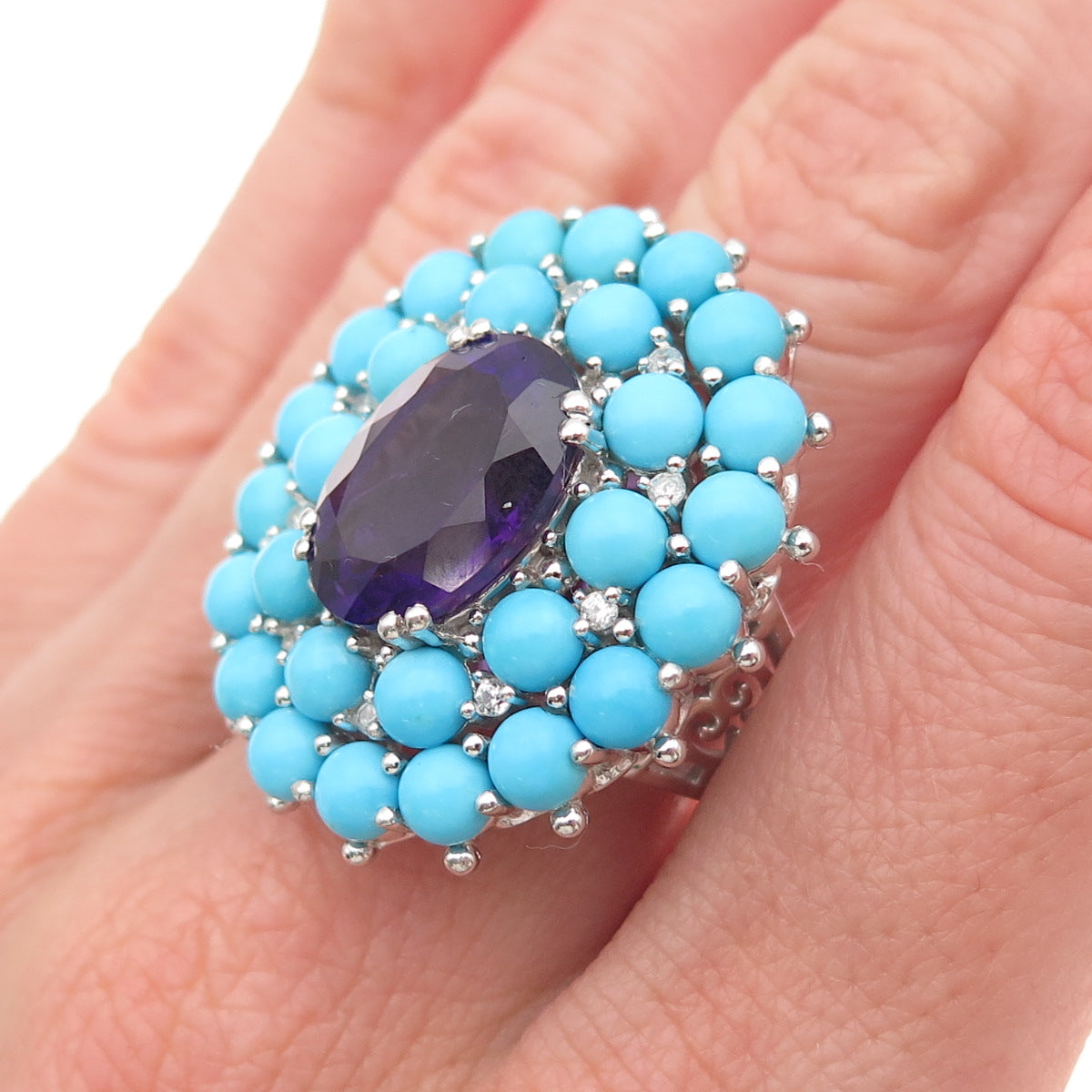 925 Sterling Silver Real Turquoise Amethyst & White Topaz Ring Size 8
