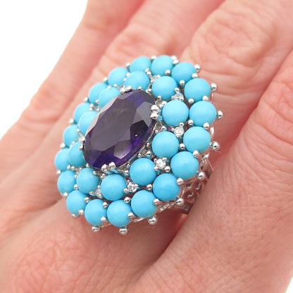 925 Sterling Silver Real Turquoise Amethyst & White Topaz Ring Size 8
