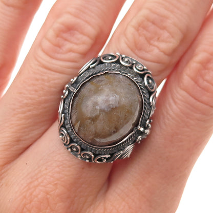 925 Sterling Silver Antique Art Deco Real Amber Bird Oxidized Ring Size 8.75