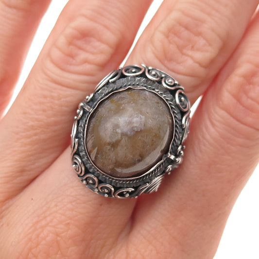 925 Sterling Silver Antique Art Deco Real Amber Bird Oxidized Ring Size 8.75