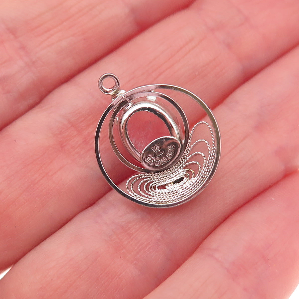 Wells Sterling Silver Antique Art Deco Real Rose Quartz Filigree Mini Pendant