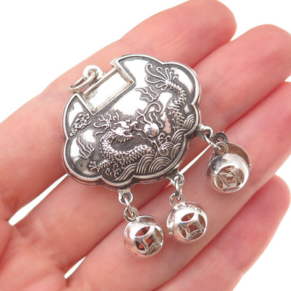990 Silver Antique Chinese Dragon Longevity Lock Chatelaine Pendant