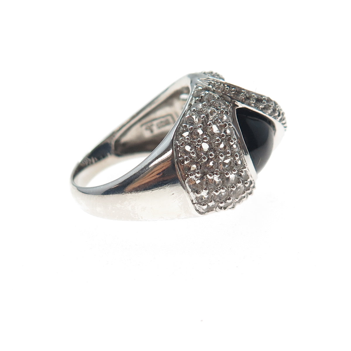 925 Sterling Silver Vintage Real Black Onyx & White Topaz Modernist Ring Size 7