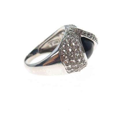 925 Sterling Silver Vintage Real Black Onyx & White Topaz Modernist Ring Size 7