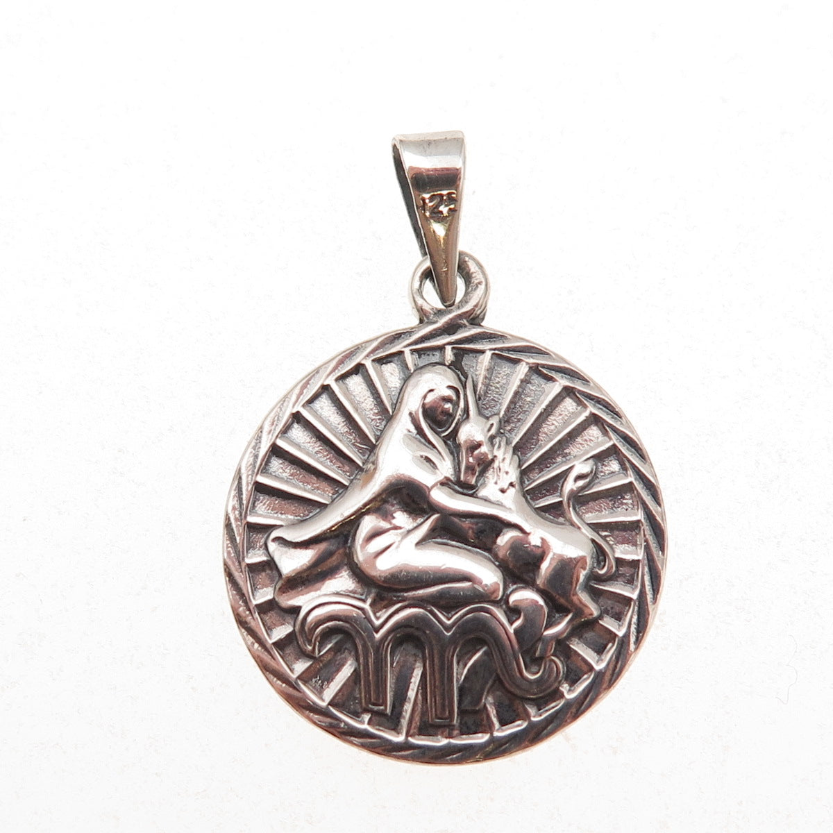 925 Sterling Silver Vintage Virgo Zodiac Sign Oxidized Charm Pendant