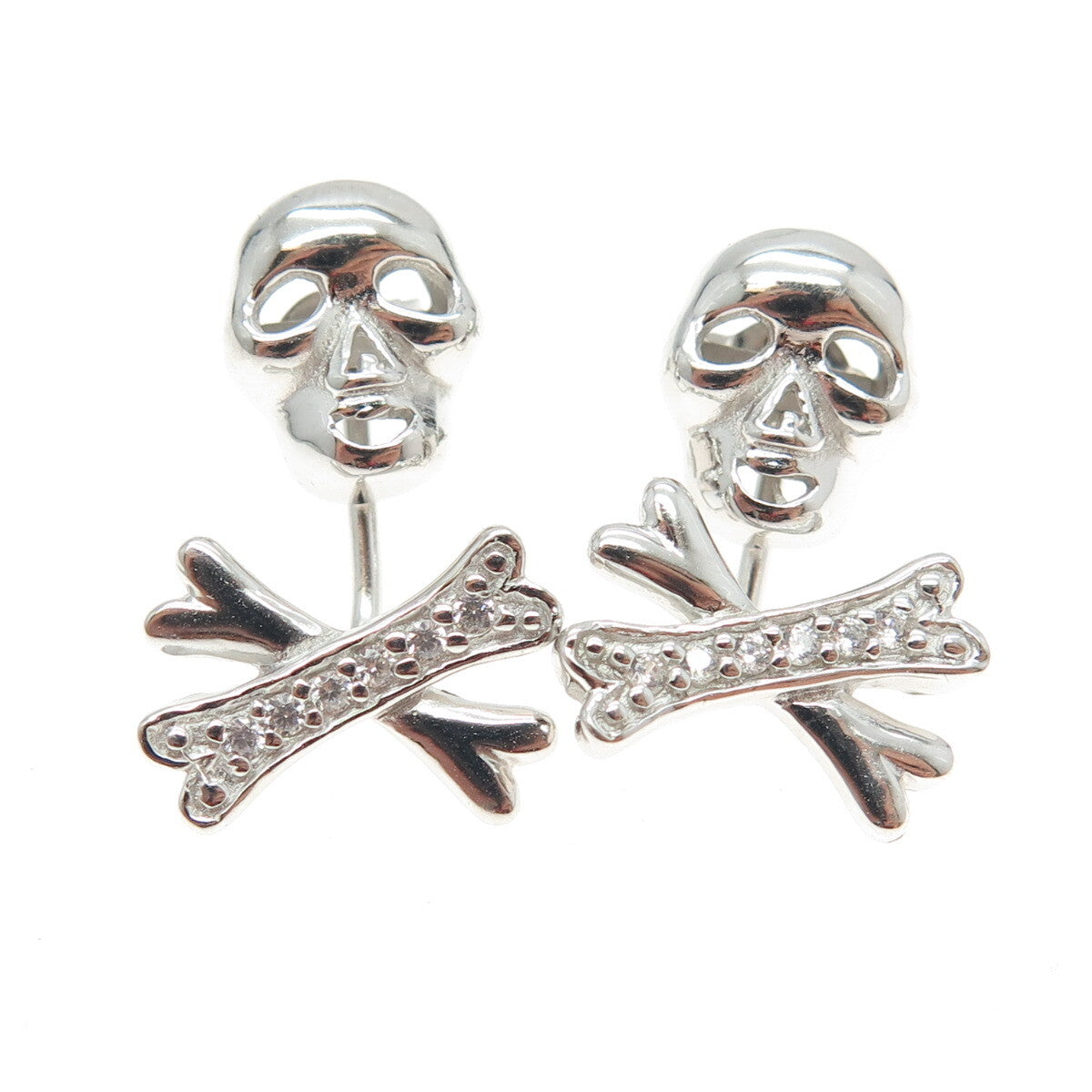925 Sterling Silver Round-Cut C Z Stud Skull & Jacket Bones Charm Earrings