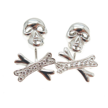 925 Sterling Silver Round-Cut C Z Stud Skull & Jacket Bones Charm Earrings