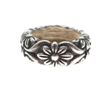 925 Sterling Silver Vintage Flower Oxidized Band Ring Size 8.25
