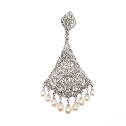 925 Sterling Silver Real Diamond & Pearl Fleur de Lis Pendant