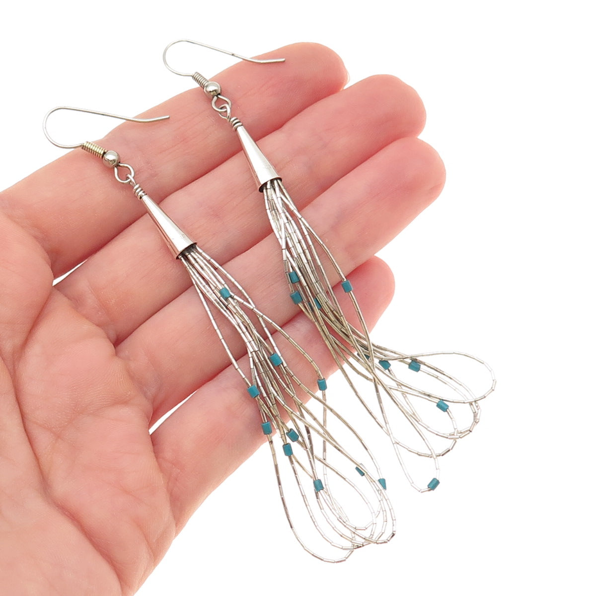 Old Pawn Sterling Silver Vintage Turquoise Liquid Chain Tribal Dangle Earrings