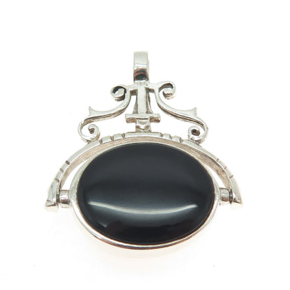 925 Sterling Silver Vintage Mother-of-Pearl Black Onyx Gem Double Sided Pendant