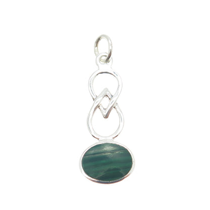 925 Sterling Silver Vintage Real Malachite Modernist Infinity Pendant