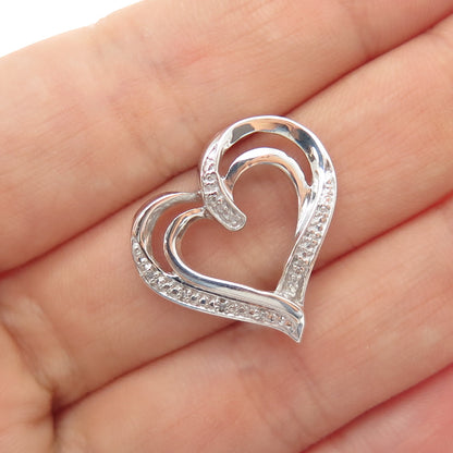 925 Sterling Silver Real Round-Cut Diamond Heart Slide Charm Pendant