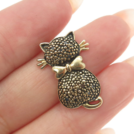 SUN 925 Sterling Silver Gold Plated Real Round-Cut Black Diamond Cat Pendant