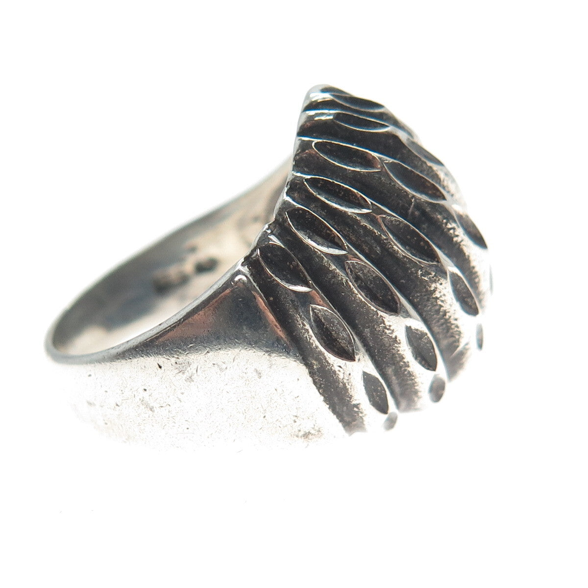925 Sterling Silver Vintage Diamond-Cut Modernist Oxidized Ring Size 7