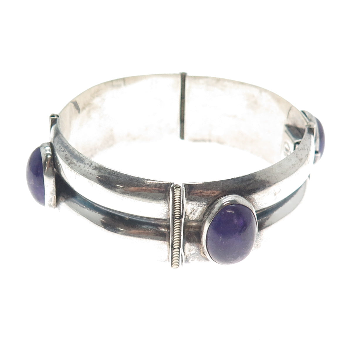 925 Sterling Silver Vintage Mexico Real Amethyst Oxidized Panel Link Bracelet 7"