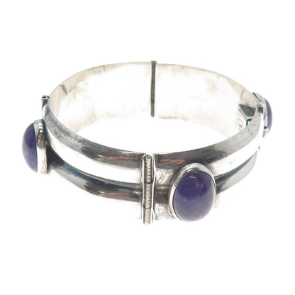 925 Sterling Silver Vintage Mexico Real Amethyst Oxidized Panel Link Bracelet 7"