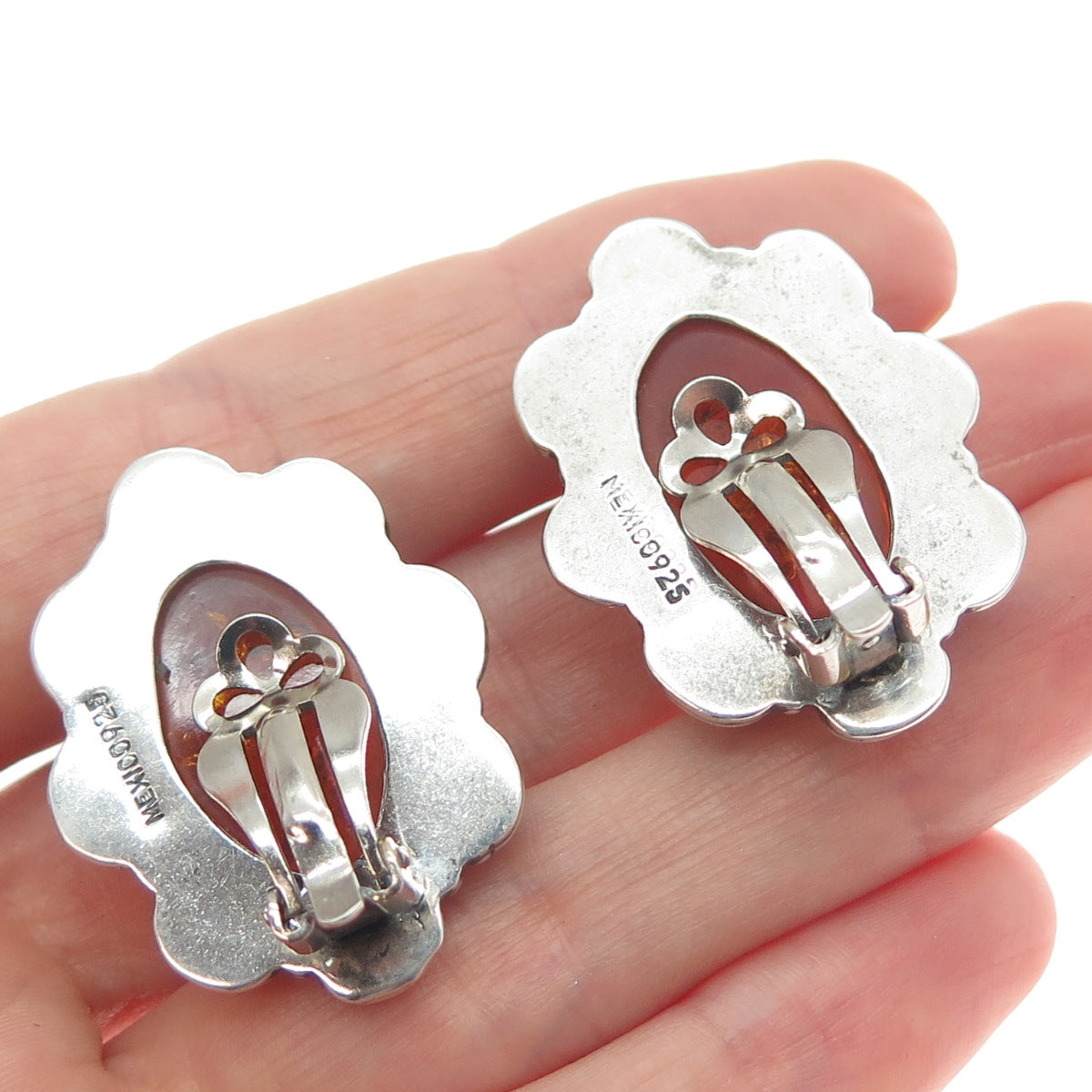 925 Sterling Silver Vintage Mexico Real Amber Flower Oxidized Clip On Earrings