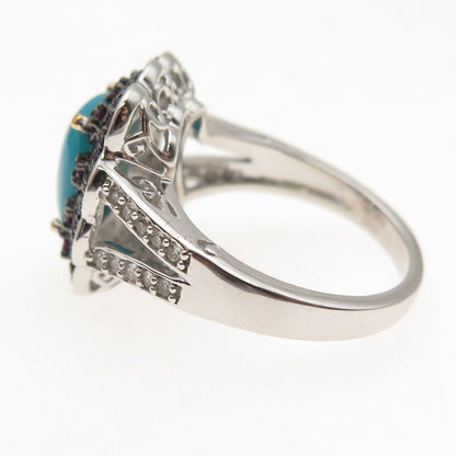 925 Sterling Silver Real Turquoise Amethyst & White Topaz Ring Size 8.25