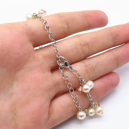 925 Sterling Silver Faux Pearl & Crystal Beaded Chain Necklace 18"