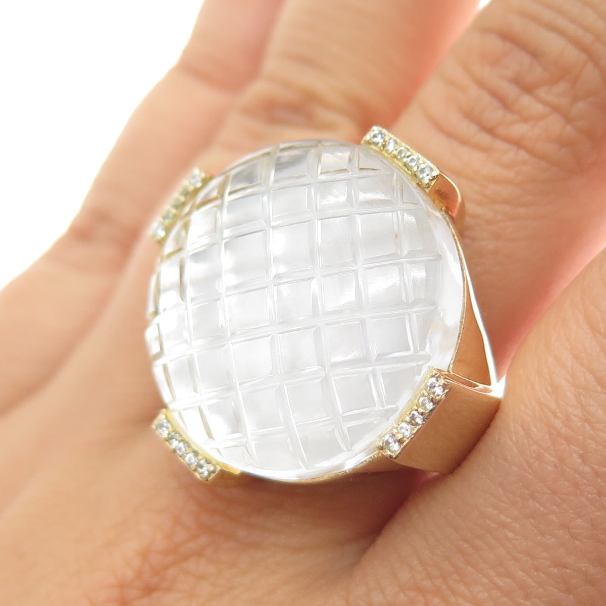 925 Sterling Silver Gold Plated Clear Glass Real White Topaz Ring Size 7.5