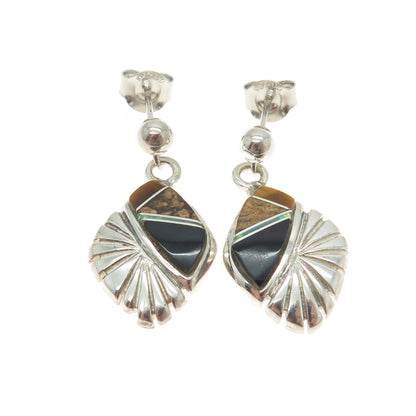 ERVIN HOSKIE NAVAJO Old Pawn Sterling Silver Jasper Tiger Eye Opal MOP Earrings